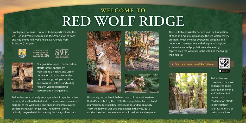 Welcome sign and entry display board, Red Wolf Ridge habitat, Brookgreen Gardens, Murrells Inlet, SC