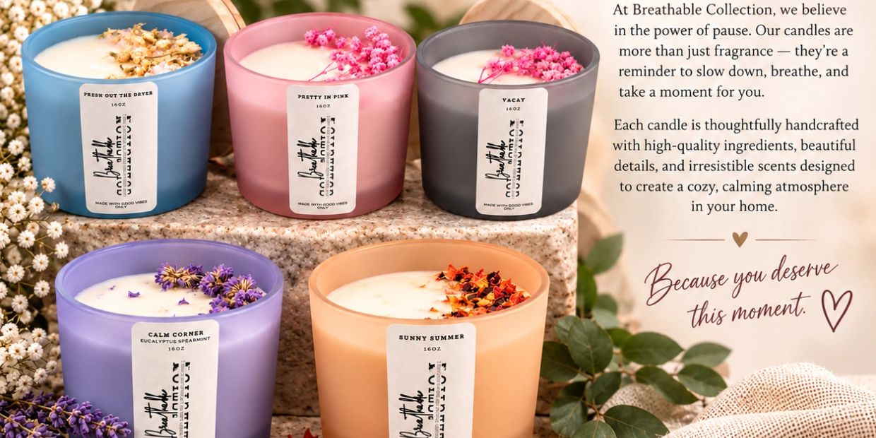 Colorful handcrafted candles promoting calm and pause.