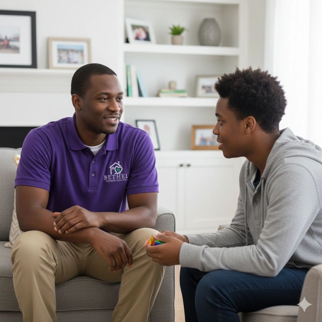 Two men having a conversation indoors.