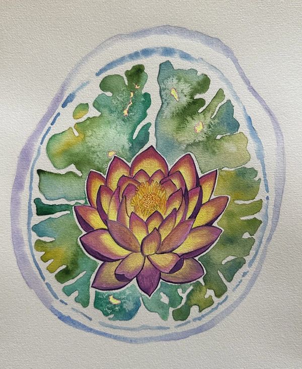 Watercolor painting of a lotus flower with green lily pads and purple accents.