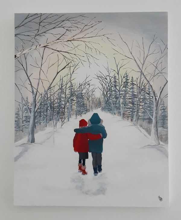 Two children walk arm in arm down a snowy forest path.