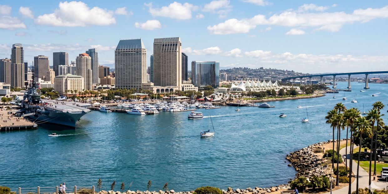 A sunny day view of San Diego skyline with boats and a bridge.