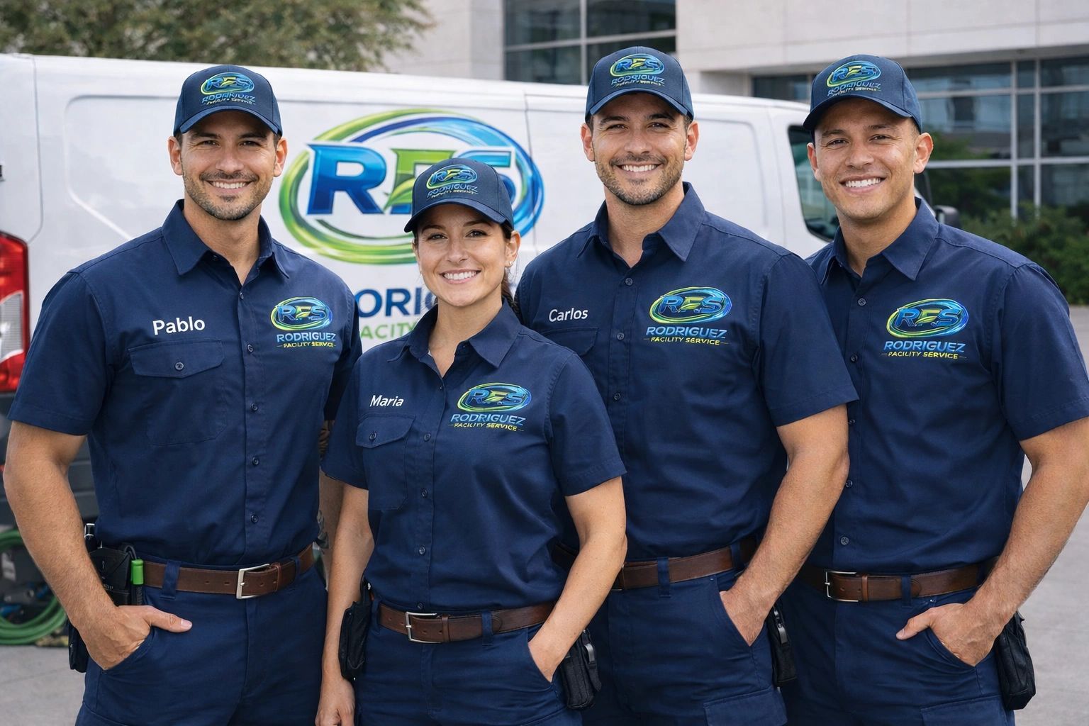 Four smiling technicians in uniform standing in front of a company van.