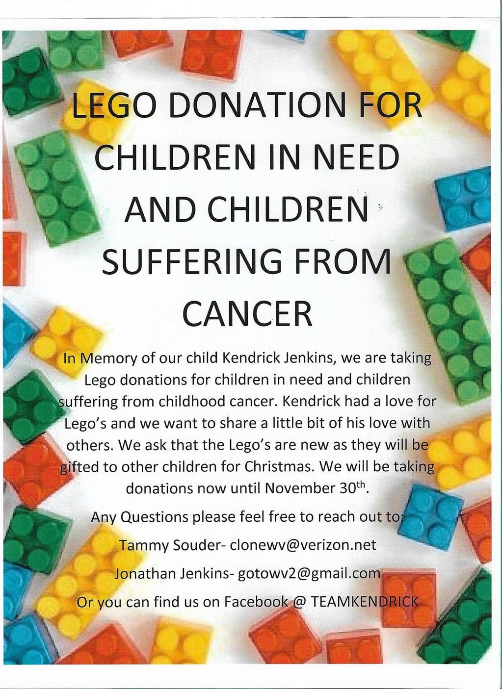 Flyer requesting new LEGO donations for children in need and those with cancer, in memory of Kendrick Jenkins.