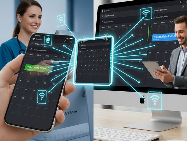 Digital calendar syncing seamlessly across smartphone and desktop devices.