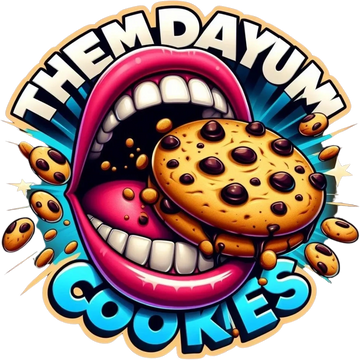 Colorful illustration of a mouth biting a chocolate chip cookie with text.