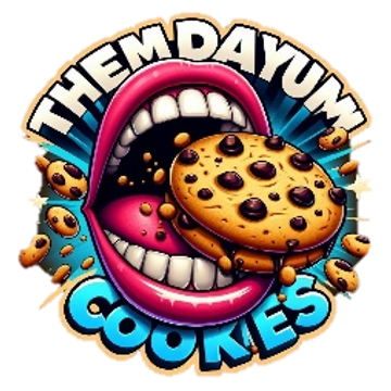 A vibrant cartoon mouth eagerly biting a chocolate chip cookie with text "THEM DAYUM COOKIES".