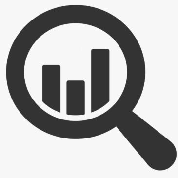 Magnifying glass over bar chart icon.
