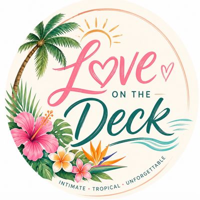 Tropical-themed logo with flowers, palm tree, and the phrase 'Love on the Deck'.