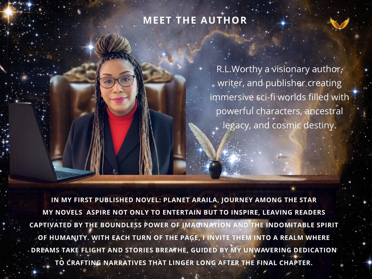 Portrait of author R.L. Worthy in a cosmic-themed setting with motivational text.