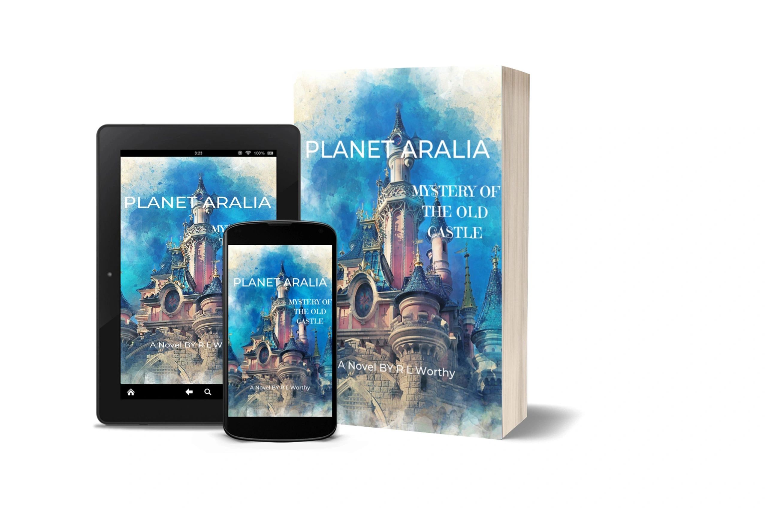 Book and digital devices displaying "Planet Aralia: Mystery of the Old Castle" cover.