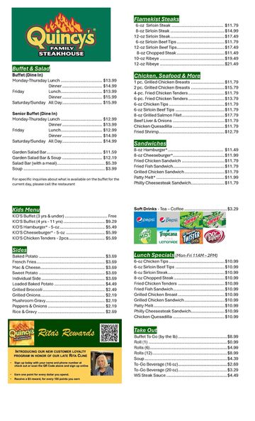 Quincy's Family Steakhouse menu featuring steaks, seafood, salads, sandwiches, kids' meals, sides, and lunch specials.