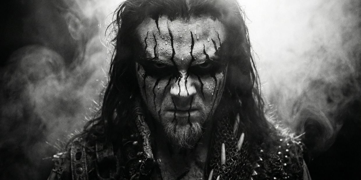 Intense black-and-white portrait of a man with dramatic face paint and long hair in smoky atmosphere.