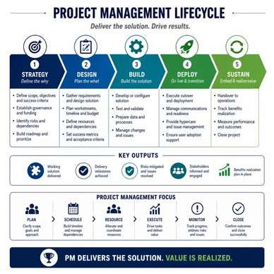 Diagram of the project management lifecycle from strategy to sustain phases.