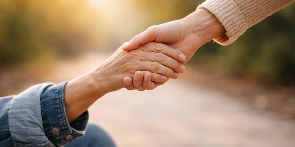 Two people holding hands in a comforting gesture.
