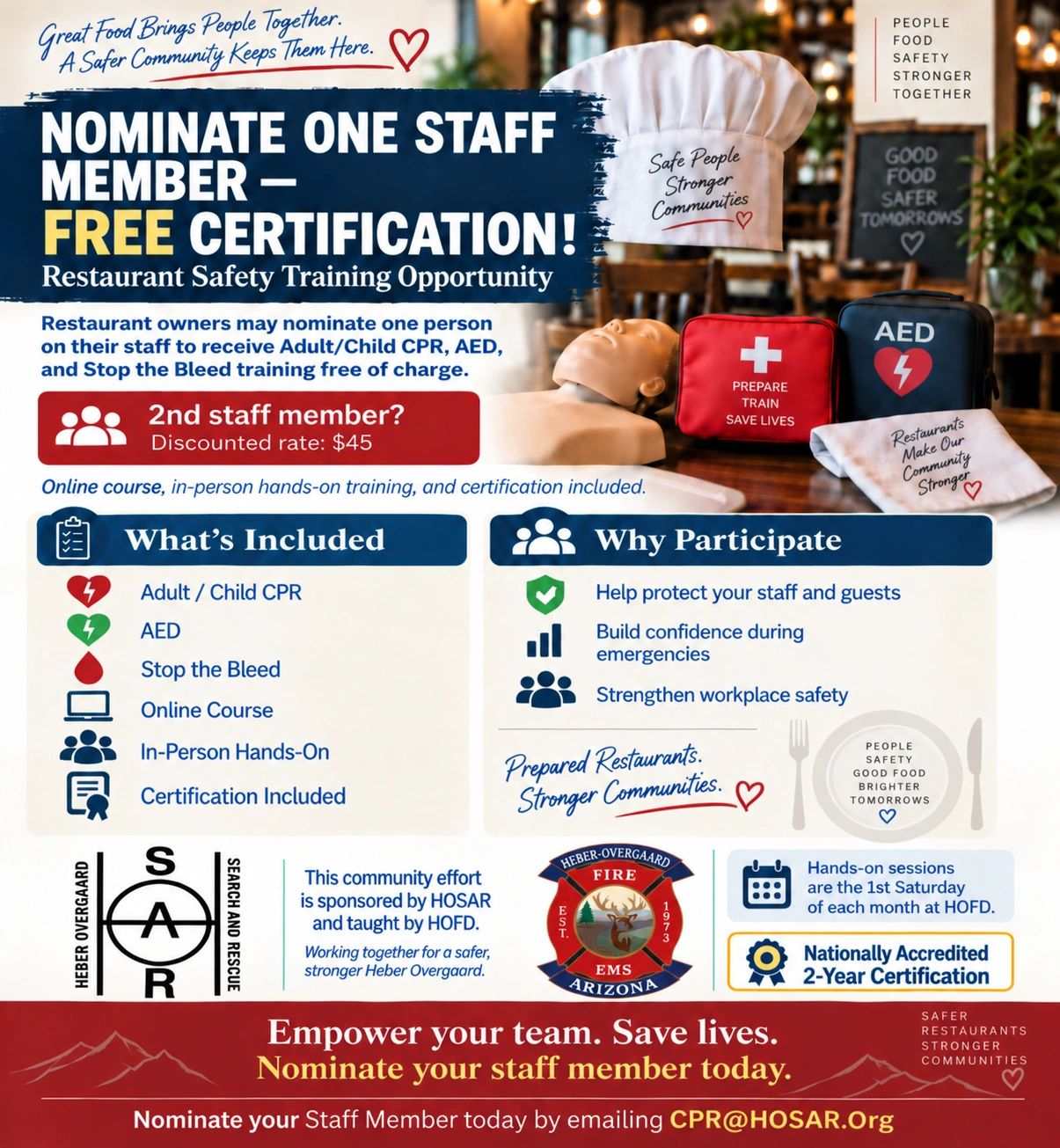 Free certification for restaurant staff in CPR, AED, and safety training.