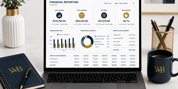Laptop showing detailed financial report dashboard with charts and figures.