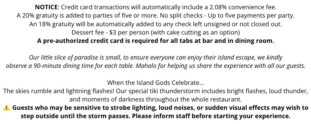 Notice about fees, gratuity, dining time, and a storm warning at a restaurant.