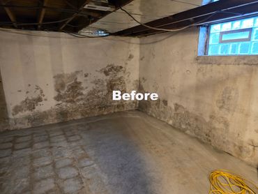 Basement corner with mold and water damage on walls, labeled "Before".