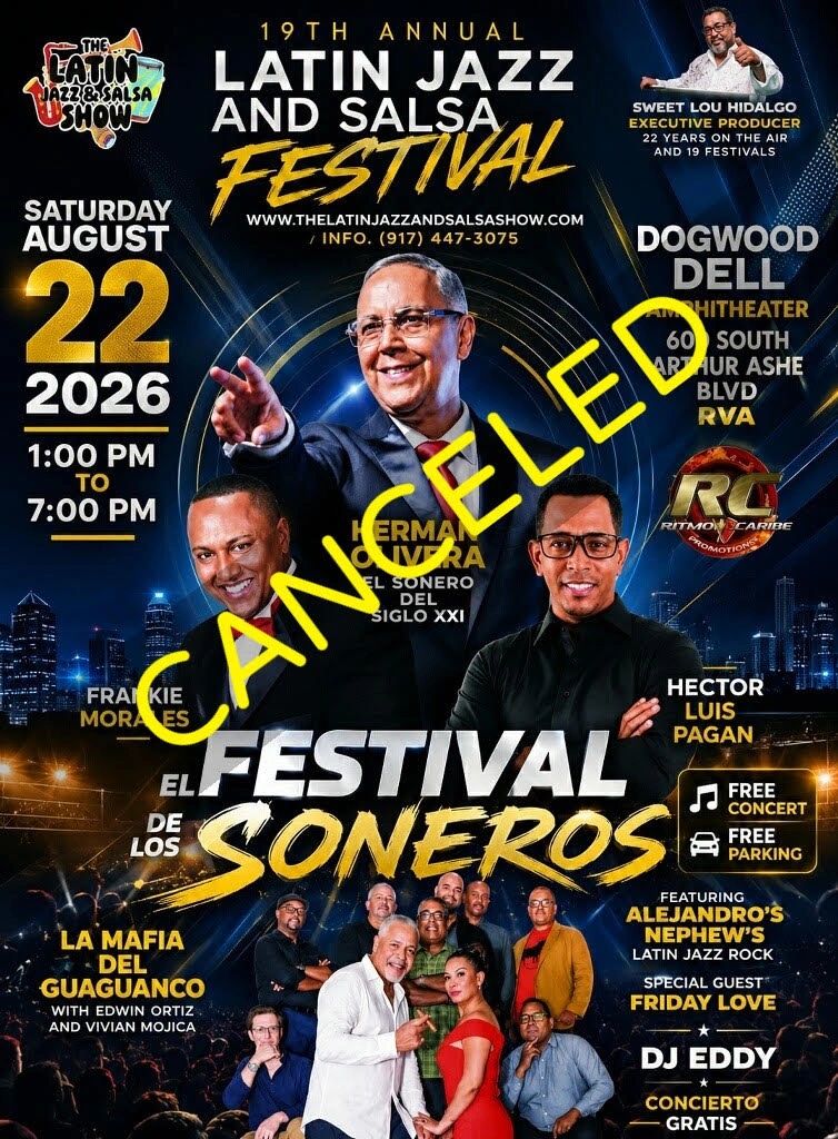 Canceled Latin Jazz and Salsa Festival poster for August 22, 2026.