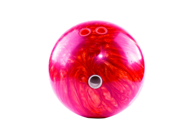 Shiny red bowling ball with finger holes.