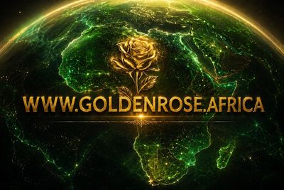 Golden rose logo over a glowing map of Africa with website URL.