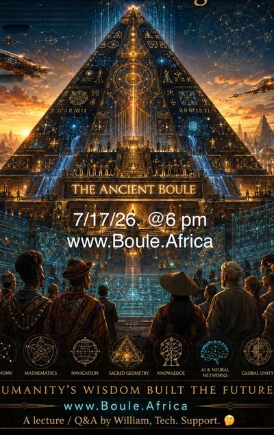 Futuristic pyramid blending ancient wisdom with AI, featuring a global audience and cosmic symbols.