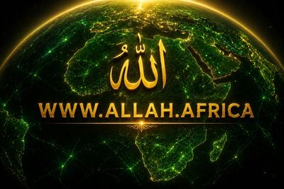 Glowing golden Arabic calligraphy of Allah over Africa with website URL.