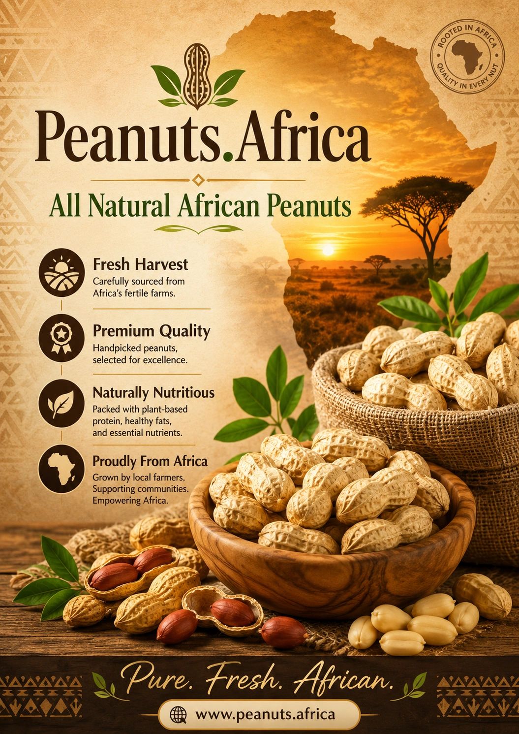 Advertisement for natural African peanuts with quality and freshness guarantees.