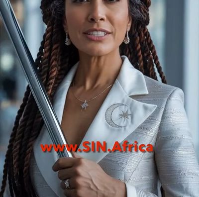 Woman in a silver suit holding a sword, adorned with star and crescent jewelry.
