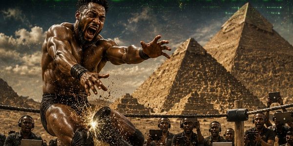 A muscular warrior fiercely breaks a chain near Egyptian pyramids.