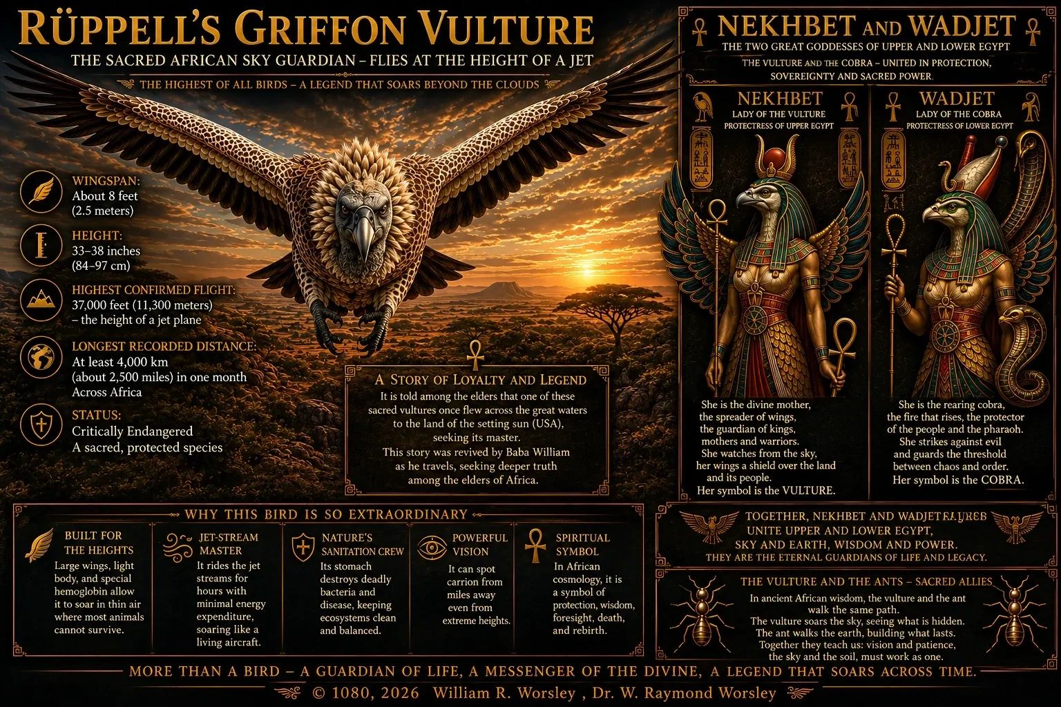 Informative poster about Rüppell's Griffon Vulture and Egyptian goddesses Nekhbet and Wadjet.
