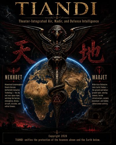 TIANDI defense system poster with earth and mythical symbols.
