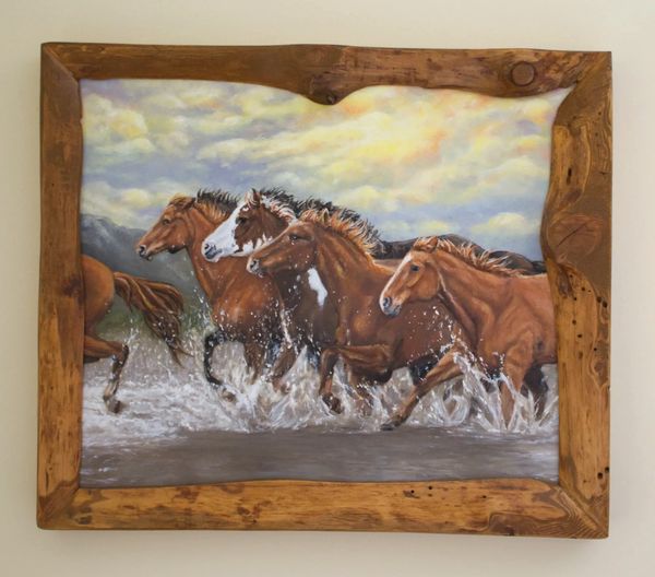 painting of horses running through water by sheila swaye