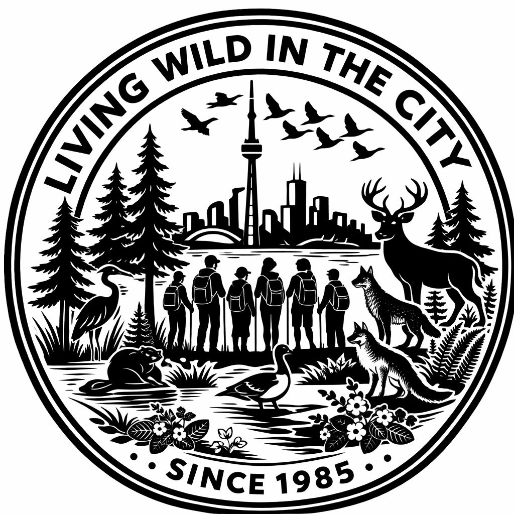 Black and white emblem showing city wildlife and people, with text "Living Wild in the City".