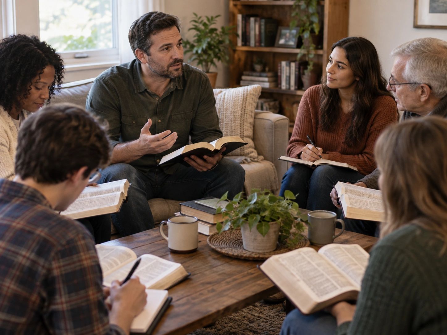 Small group studying Scripture together in a warm home setting.