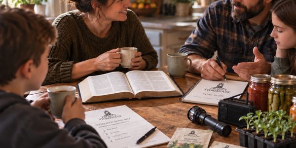 Family planning their garden over coffee.