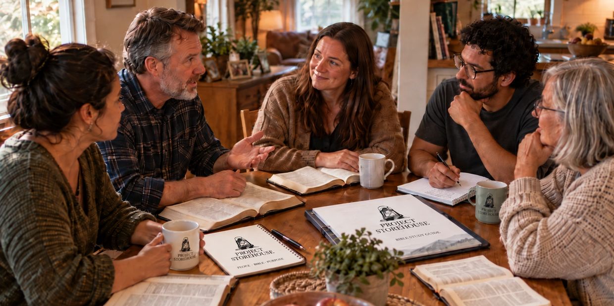 Five people gathered for a Bible study session around a wooden table.