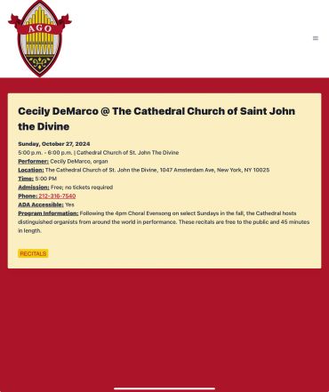 Event details for Cecily DeMarco's organ recital at St. John the Divine Cathedral.