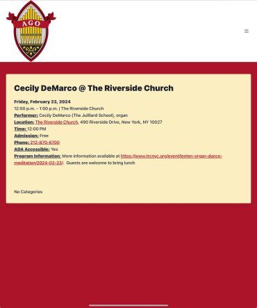Event announcement for Cecily DeMarco's organ performance at The Riverside Church.