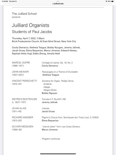 Juilliard organists perform a concert at Brick Presbyterian Church, NYC.