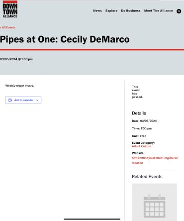 Event listing for organ music performance by Cecily DeMarco on March 5, 2024.