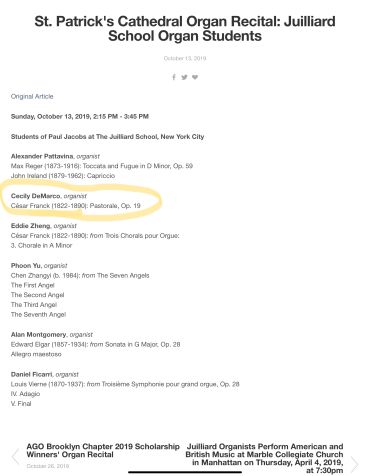 Program listing for St. Patrick's Cathedral organ recital by Juilliard students.