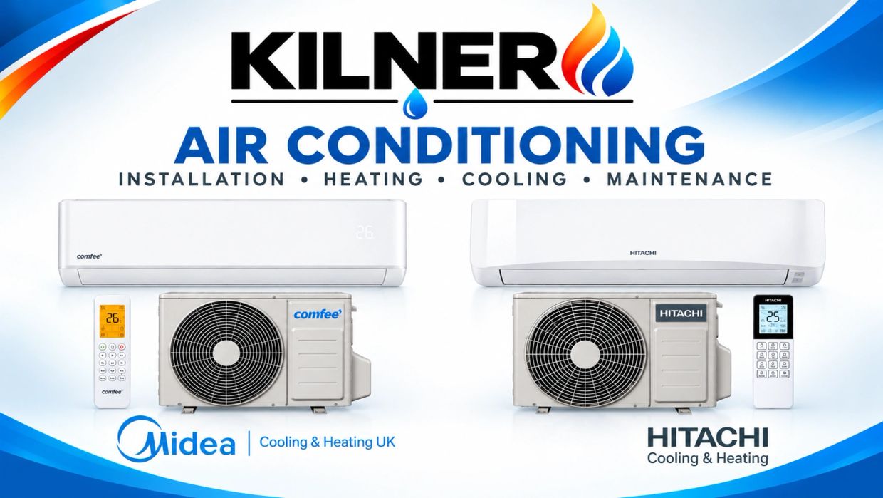 Advertisement for Kilner air conditioning services with Midea and Hitachi units.