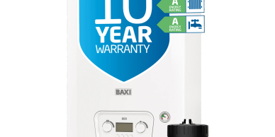 Baxi boiler with 10-year warranty and A ratings.
