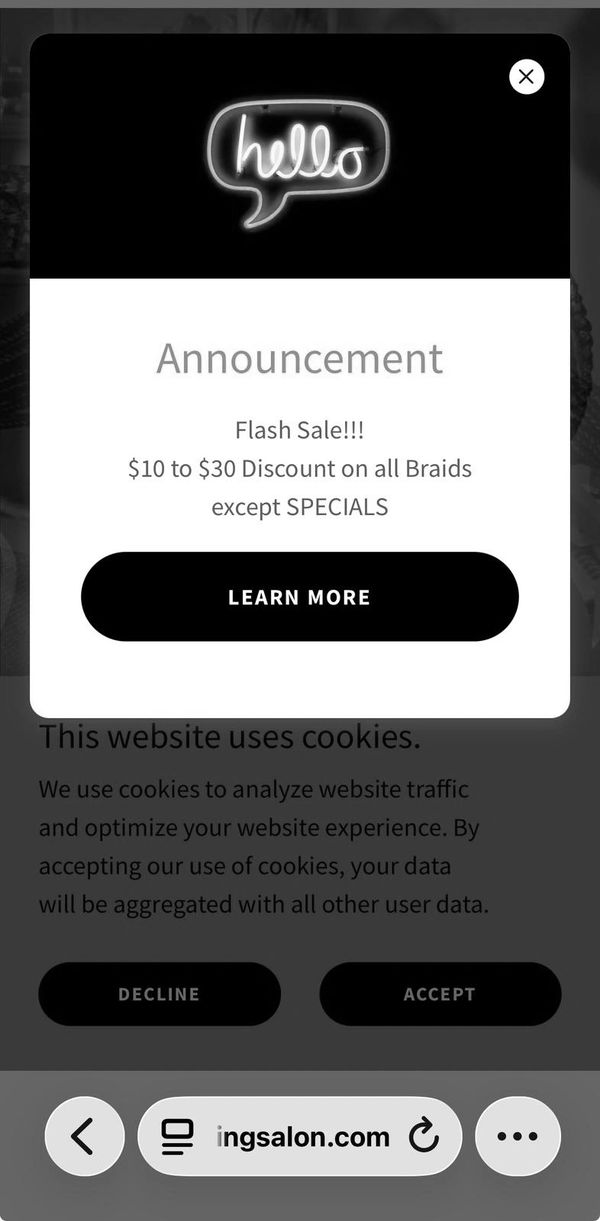Flash sale announcement for $10 to $30 discount on all braids except specials.