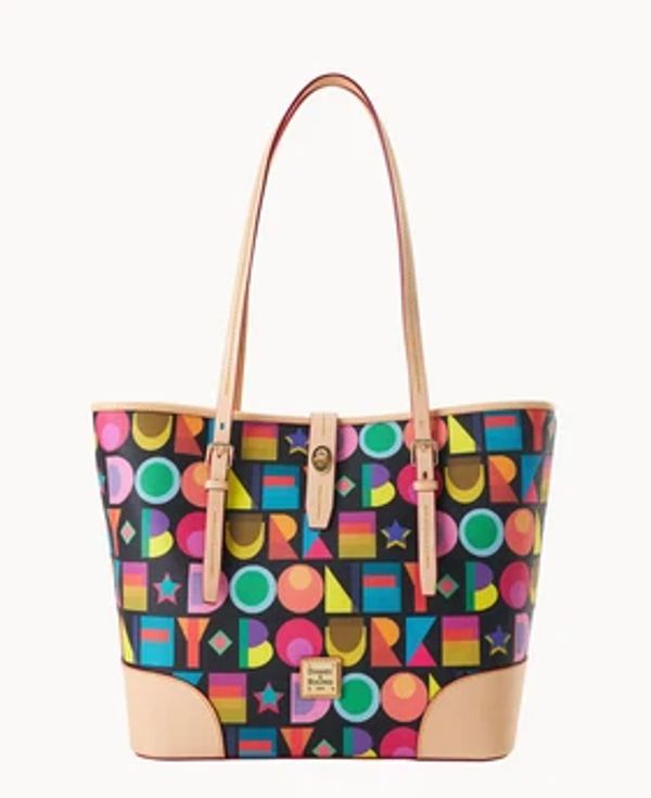 Colorful designer tote bag with geometric pattern.