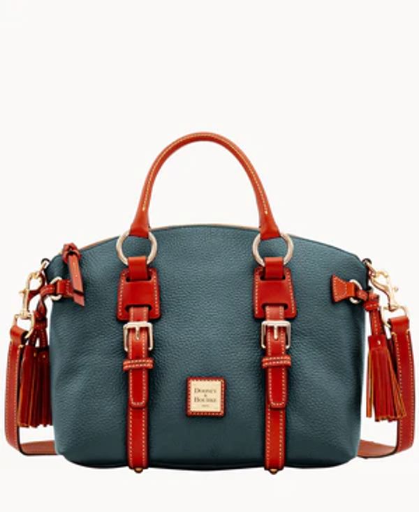Elegant blue and brown leather handbag with gold-tone accents.