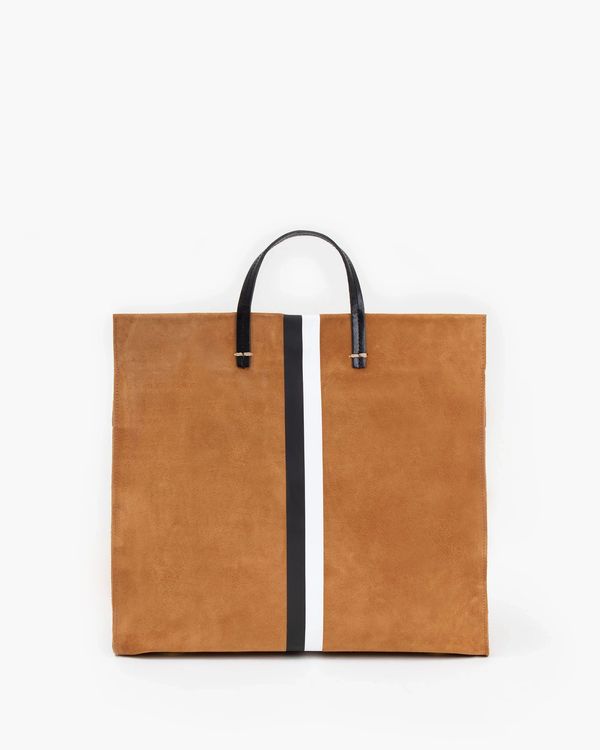 Brown suede tote bag with black handles and vertical stripe.