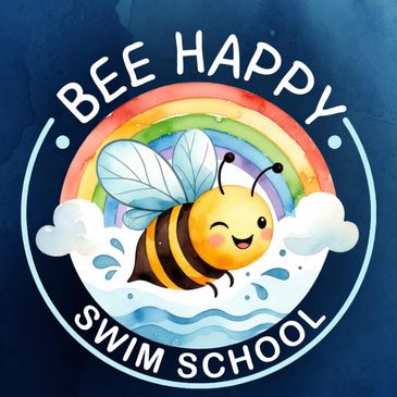 Cute bee swimming with a rainbow background and cheerful text.